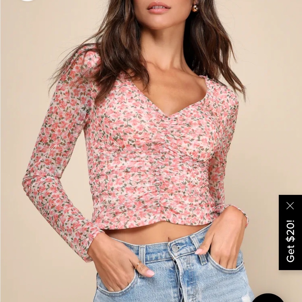 Precious Blossoms Pink Floral Print Mesh Ruched Long Sleeve Top